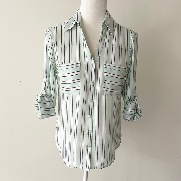 Express | Mint Striped Button Down Roll Tab Portofino Blouse - Picture 9 of 14